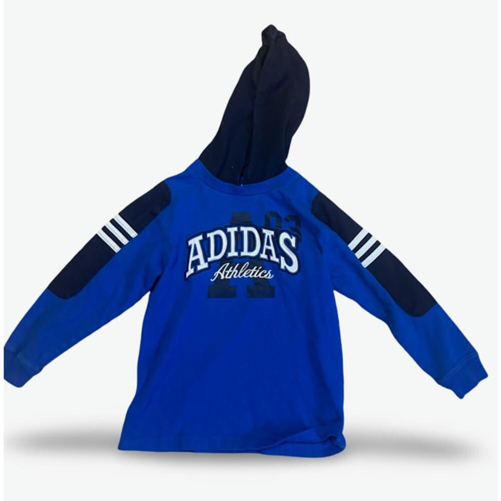 Adidas Athletics Hooded Shirt Boys Size 5 Blue Black Long Sleeve Hoodie Tee